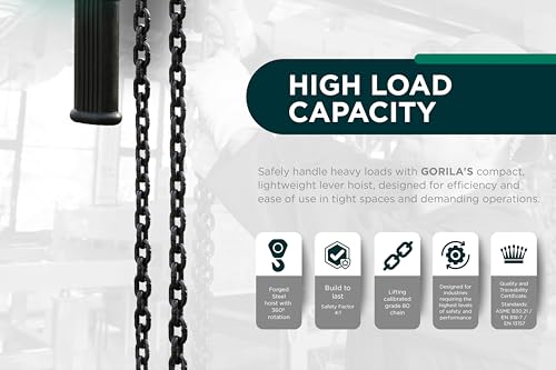 GORILA Manual Lever Hoist 360° | Manual Ratchet Chain Puller Hoist | 1100LBS - 5FT (0,5 Ton - 1,5m) | Safety Factor 4:1 | Since 1989 - size: 1100lbs - 5ft / 0,5t - 1,5m