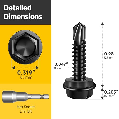 Mywish 50pcs #12 x 1 Self Drilling Screws for Metal, 410 Stainless Steel Hex Washer Head Self Drilling Screws, Black Oxided Self Tapping Sheet Metal Tek Screw Fast Tapping - size: #12x1"(50pcs)