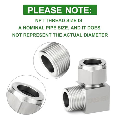 TAISHER 2PCS 304 Stainless Steel Square 90 Degree Compression Tube Pipe Fitting Connector, 1/2" Tube OD x 3/8" NPT Male Adapter - size: 1/2" OD x 3/8" MNPT