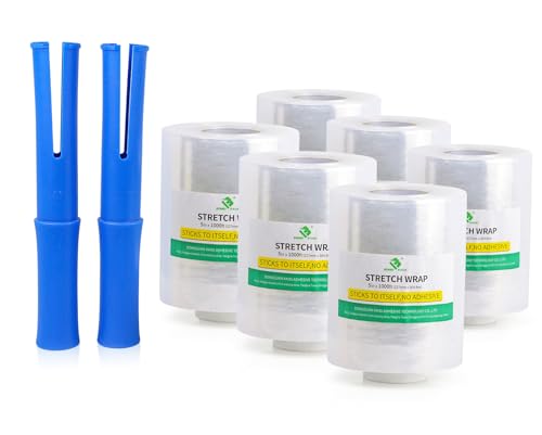 BOMEI PACK 6 Pack Industrial Mini Clear Stretch Wrap with 2 Handles 5" 1000ft 80 Gauge for Pallet Film, Durable Self-Adhering Plastic Wrap for Packing,Shipping, Moving, Heavy Duty (Clear) - color: Clear