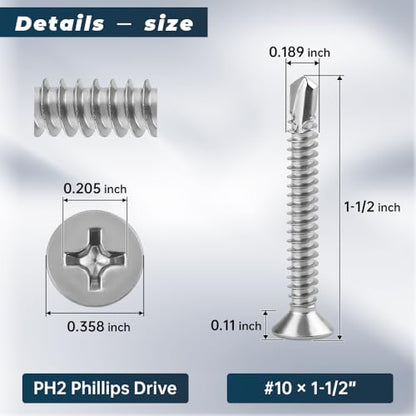 Glvaner 50pcs #10 x 1-1/2" Phillips Flat Head Self Drilling Screws, Stainless Steel 410, Flat Head Self Quick Self Tapping Screws for Sheet Metal Wood Plastic, Without Pre-drilled Holes - size: #10 x 1-1/2