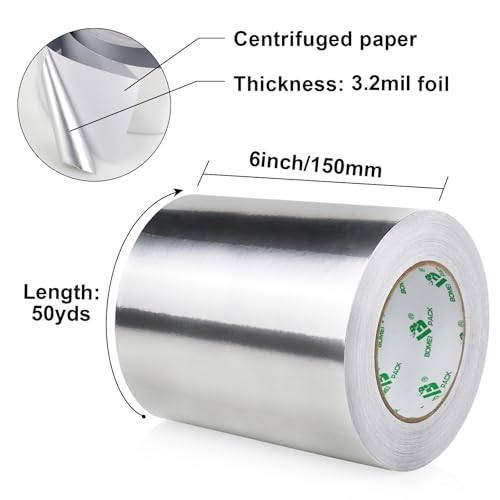 BOMEI PACK Aluminum Foil Tape, 6 Inch x 50 Yards Heavy Duty Metal Foil Tape, 3.2 Mil High Temperature Silver Duct Tape, for HVAC, Air Ducts, Metal Repair, Insulation and Dryer Vent - size: 150mm