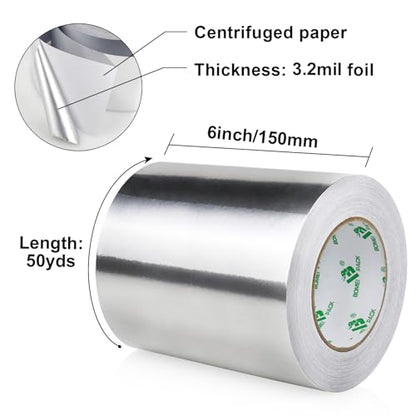 BOMEI PACK Aluminum Foil Tape, 6 Inch x 50 Yards Heavy Duty Metal Foil Tape, 3.2 Mil High Temperature Silver Duct Tape, for HVAC, Air Ducts, Metal Repair, Insulation and Dryer Vent - size: 150mm