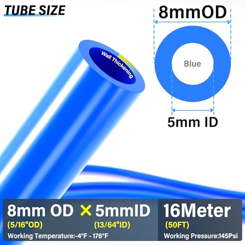 TAILONZ Blue 8mm OD 5mm ID PU Air Hose Pipe Tube Kit 16 Meter 50ft - color: Blue, size: 8mm OD/50ft/16m