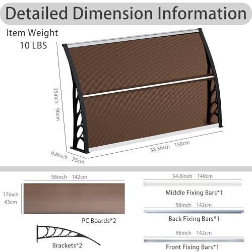 58.5x35 Inch Patio Window Awning Shade, Polycarbonate Door Entrance Canopy Cover Protection for Sunshine & Rain, Tea with Black Edge - color: Black + Tea