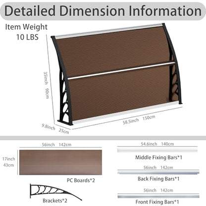 58.5x35 Inch Patio Window Awning Shade, Polycarbonate Door Entrance Canopy Cover Protection for Sunshine & Rain, Tea with Black Edge - color: Black + Tea