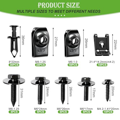 mxuteuk 100PCS U-Nut Clips & Hex Head Automotive Body Fender Bolts Kit,M4.2/M6/1/4/M8 Automotive Bolt for Most Cars Fender,Engine Undertray Cover, Engine Cover & Bumper Fender Liner - color: M4.2 M6 M8 1/4" Kit