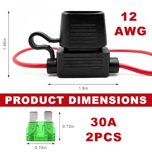2 PCS Inline Fuse Holders, 30A 12AWG ATC/ATO Standard Vehicle Blade Fuses & Holders Kit, Waterproof Inline Fuse Block for Car Truck Marine Golf Cart, Car Accessories - color: 12AWG