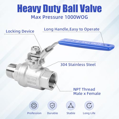 YADIAN 4 Pack Full Port Ball Valve 1/2 Inch - NPT Male x Female 304 Stainless Steel Heavy Duty Shut Off Valve with Locking Device for Water, Oil, and Gas, 1000WOG (1/2'' NPT, Pack of 4) - size: 1/2''