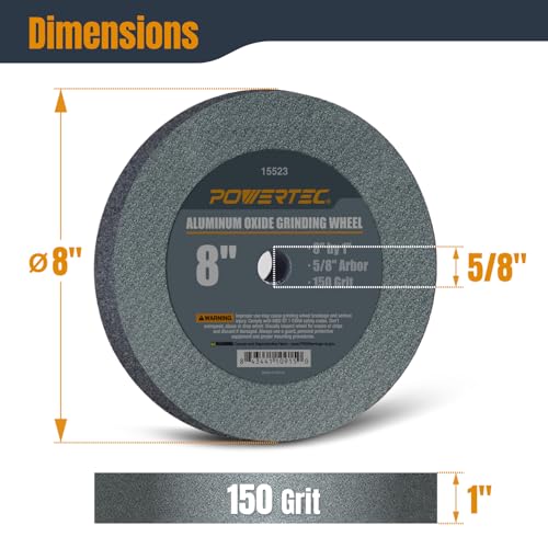 POWERTEC Bench Grinder Wheel 8 Inch 150 Grit, Aluminum Oxide Grinding Wheel for Bench Pedestal Grinder, 1" Thick 5/8" Arbor, Sharpening & Shaping Drill Bits, Blade, and Chisel 1PK (15523) - size: 150 Grit, 1PK, style: 8" Grinding Wheels