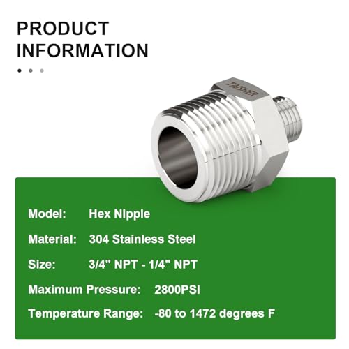 TAISHER 2PCS Forging of 304 Stainless Steel Reducer Hex Nipple, 3/4" NPT Male x 1/4" NPT Male Pipe Fitting - size: 3/4" NPT x 1/4" NPT
