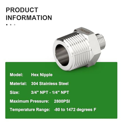 TAISHER 2PCS Forging of 304 Stainless Steel Reducer Hex Nipple, 3/4" NPT Male x 1/4" NPT Male Pipe Fitting - size: 3/4" NPT x 1/4" NPT