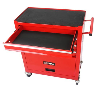 Red 4-Drawer Tool Cart w/Ball Bearing Drawers & Locking Casters - OSHA Industrial Rolling Cabinet, Powder-Coated Steel Garage Organizer w/Utility Tray - color: Red, size: 24.25 x 13 x 29.33