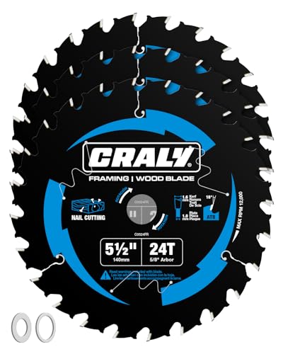 CRALY 5-1/2 Inch 24 Teeth Wood Cutting Framing Circular Saw Blade, 5/8 Inch Arbor, Carbide Tipped, Thin Kerf, Black Ice™, for Plywood, MDF, OSB, Laminated, 3-Pack(C0524FR-3) - size: 5-1/2'', 5/8'' arbor, 24T*3