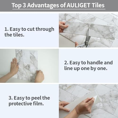 AULIGET 40-Piece Polished White Marble Peel and Stick Backsplash Wall Tiles, 3" x 12" PVC Faux Stone Stick on Tiles for Backsplash Kitchen, Bathroom, Laundry Room, Camper, Fireplace - color: Polished White Marble, size: 40 Pieces, 3"x12"x0.12"