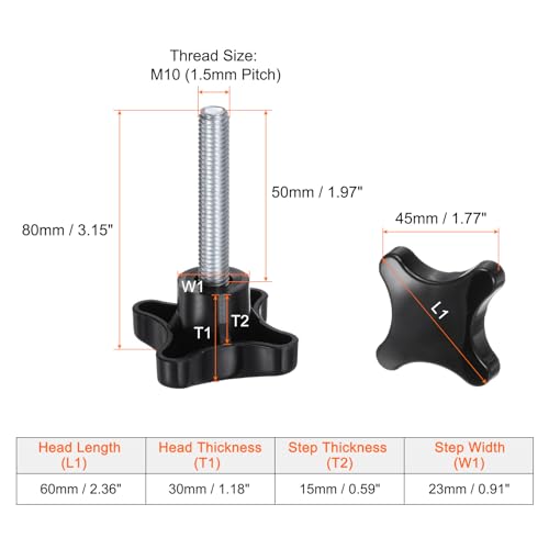 HARFINGTON 2pcs Star Knobs M10 x 50mm Male Thread Plastic 4-Star Stud Knob Hand Tightening Clamping Screw Replacement Threaded Handle, Black - size: M10 x 50mm