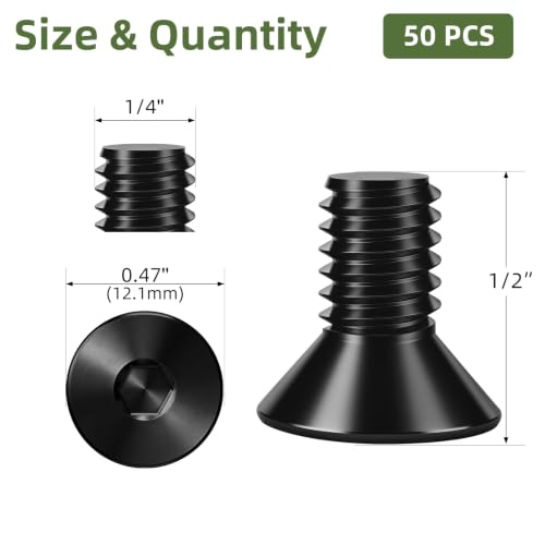 50 PCS 1/4"-20 x 1/2" Flat Head Socket Cap Screws Bolts, 10.9 Grade Carbon Steel Countersunk Allen Bolts, Full Thread, Black Coating, Screwdriver Included - color: Black, size: 1/4"-20 x 1/2"
