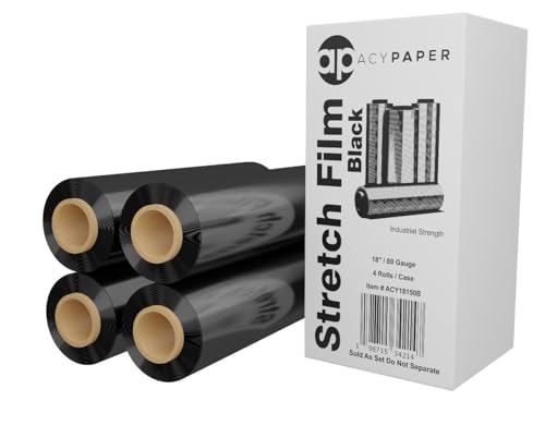 18" Black Stretch Wrap - 1500 Feet, 4 Rolls/Box, 80 Gauge | Durable Industrial Pallet Wrap for Moving, Packing, and Storage by ACYPAPER