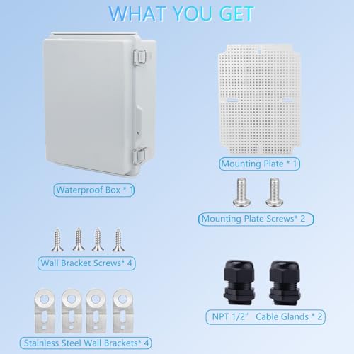 IP67 Waterproof Junction Box, ABS Plastic Electrical Enclosure with Stainless Steel Latch, Hinged Cover Electric Box with Mounting Plate, Wall Brackets & Cable Glands 210x160x100 - color: Grey, size: 8.3"x6.3"x4.3"