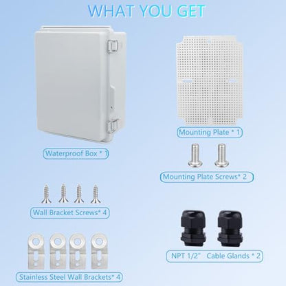 IP67 Waterproof Junction Box, ABS Plastic Electrical Enclosure with Stainless Steel Latch, Hinged Cover Electric Box with Mounting Plate, Wall Brackets & Cable Glands 210x160x100 - color: Grey, size: 8.3"x6.3"x4.3"