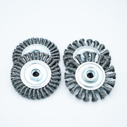 4 Inch Twist Knotted Wire Wheel Brush Set for Angle Grinder, 0.02in Carbon Steel Wire, 5/8 Inch-11 Threaded Arbor - Rust & Weld Scale, Heavy-Duty Conditioning for Various Metals (4)