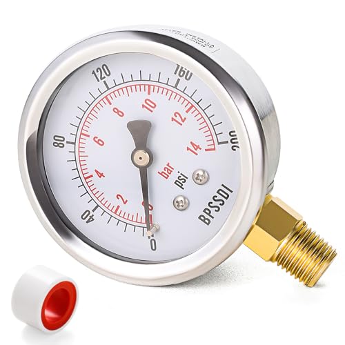 0-200 Psi Pressure Gauge, 2.5" Dial Size, 1/4" NPT Lower Mount, 304 Stainless Steel Case, Water Pressure Gauge Test for Pool Pump, Sand Filter, Air Compressor, Espresso(with Tape) - size: 0-200 psi, style: Lower Mount