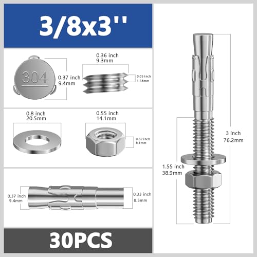 Wensilon 30Pcs 3/8x3 Inch Standard Fasteners for Heavy-Duty 304 Stainless Steel Wedge Anchors for Cement and Concrete - size: 3/8x3"
