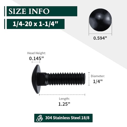 1/4-20 x 1-1/4" Black Steel Carriage Bolts, 304 Stainless Steel 18-8, Round Domed Head Square Neck Carriage Bolts Screws, Coarse Thread UNC, 25 PCS - size: 1/4-20 x 1-1/4"