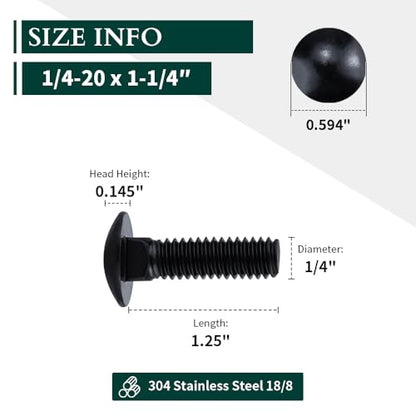 1/4-20 x 1-1/4" Black Steel Carriage Bolts, 304 Stainless Steel 18-8, Round Domed Head Square Neck Carriage Bolts Screws, Coarse Thread UNC, 25 PCS - size: 1/4-20 x 1-1/4"