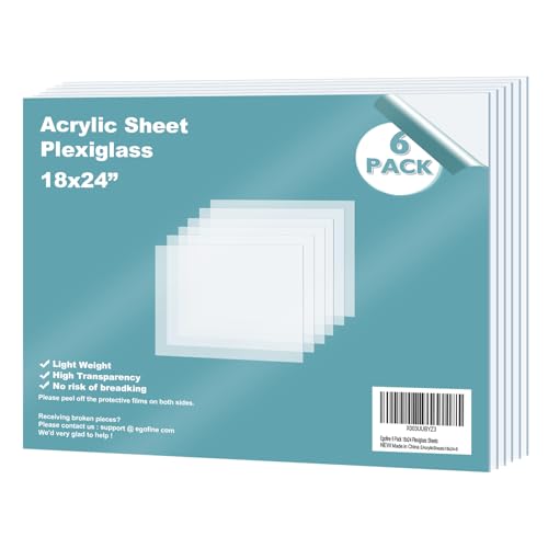 Egofine Plexiglass Sheets Acrylic Sheets 6 Pack of 18x24’’ 0.04 Thick Clear Plastic Cast Transparent Plexi Glass for Crafting Projects, Replacement Picture Frame Glass, DIY Display, Easy to Cut - color: Clear, size: 18x24"