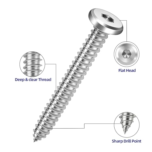 100-Piece M4 x 20mm Self-Tapping Screws - 304 Stainless Steel Flat Head Hex Socket Cap Screws with Drive Bit, for Wood and Thin Metal - color: Silver, size: M4 x 20mm