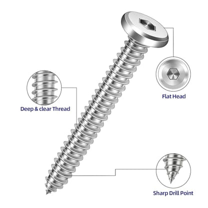 100-Piece M4 x 20mm Self-Tapping Screws - 304 Stainless Steel Flat Head Hex Socket Cap Screws with Drive Bit, for Wood and Thin Metal - color: Silver, size: M4 x 20mm