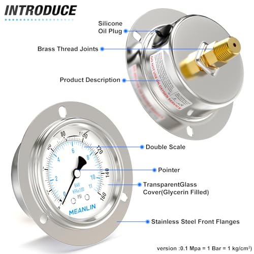 MEANLIN MEASURE 0~160Psi Liquid Filled Pressure Gauge Front Flange Panel Mount, 1/4" NPT 2.5" FACE DIAL Stainless Steel Case with Phillips Screw and Nut, +/-3-2-3% - size: 0-160Psi