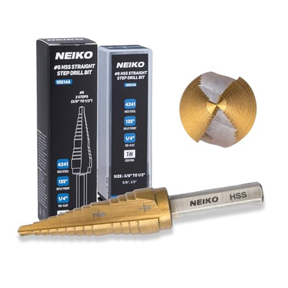 NEIKO 10614A Step Drill Bit, 2 Steps 3/8" to 1/2" Straight High Speed Steel, Titanium Nitride Coated, 1/4" Tri Flat Step Bits for Steel, Metal, Wood, Plastic, Unibit Cone Drill Bits, Two Flute - size: #6 (3/8 - 1/2", 2S), style: Straight