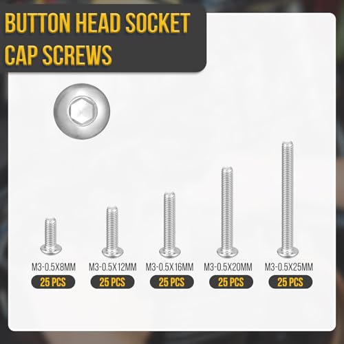 DTGN 125Pcs M3-0.5x8/12/16/20/25mm Button Head Socket Cap Screws-304 SS - size: M3-0.5x8/12/16/20/25mm