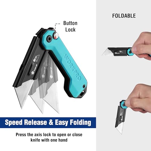 WORKPRO EDC Folding Utility Knife, Mini Box Cutter with Quick Open Axis Lock, Quick Change Blade Razor Knife, Foldable Small Pocket Knife with Belt Clip - color: Blue-g10