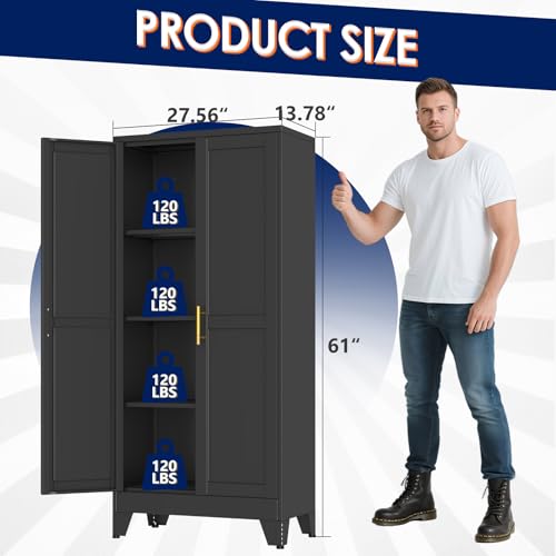 erosoei 61" H Metal Garage Storage Cabinet, Black Metal Pantry Cabinet with 3 Doors, Locker Steel Cabinet with 3 Adjustable Shelves, Freestanding Cupboard for Garage,Office,Home,Gym,School - color: Black, size: 61"-NCasNLck