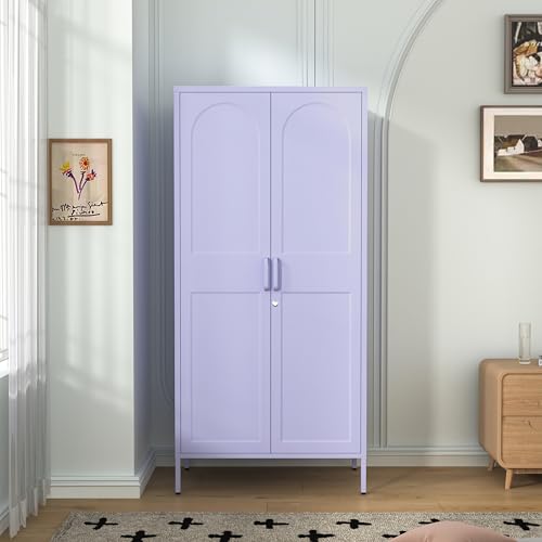 Purple Lockable Armoire Wardrobe Closet Storage Cabinet with Hanging Rod, 67" Metal Wardrobe Cabinet with 2 Doors and 3 Adjustable Shelves for Bedroom, Laundry Room, Cloak Room, Gym, Office - color: Lilac, style: Wardrobe-67"H-YX