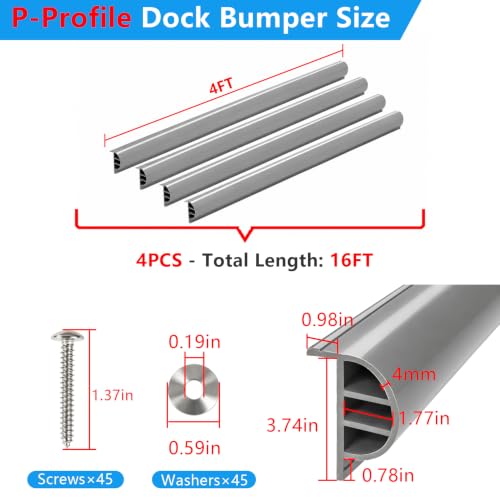 Dock Bumpers 4FT/12FT/16FT/24FT, Boat Dock Bumpers for Edging with Stainless Steel Screws and Washers, Dock Fenders Boat Dock Guards P-Profile Heavy Wall for Edge Protection 1/3/4/6 Pack Multi Color - color: Gray, size: 16FT