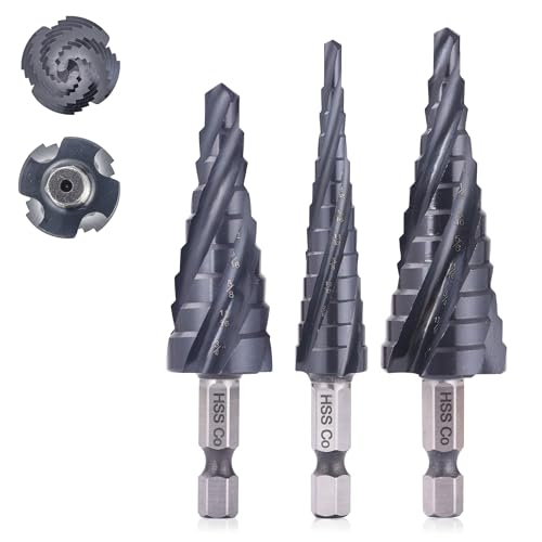 M35 Four Spiral Flute Cobalt Step Drill Bit Set 1/8"-7/8", Industrial Grade Wear-Resistant TiAlN Coated 1/4" Hex Shank Step Bit for Metal, Stainless Steel, Aluminum, Wood, Plastic (3pcs) - style: Four Flute-3PC