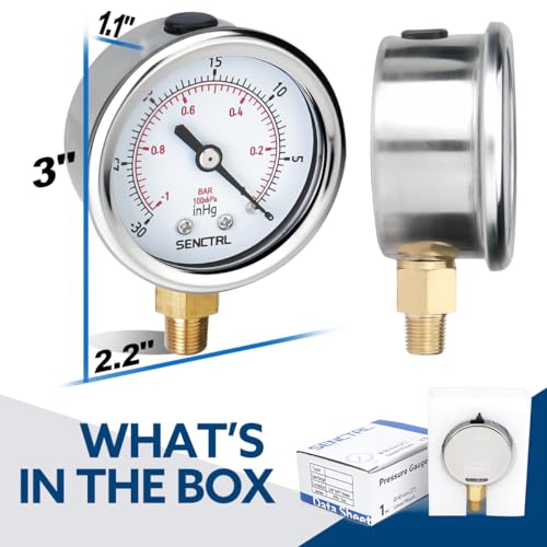 SENCTRL 30inHg Vacuum Pressure Gauge, 1/8" NPT Lower Mount - size: -30inHg-0, style: Lower Mount (1/8" NPT)