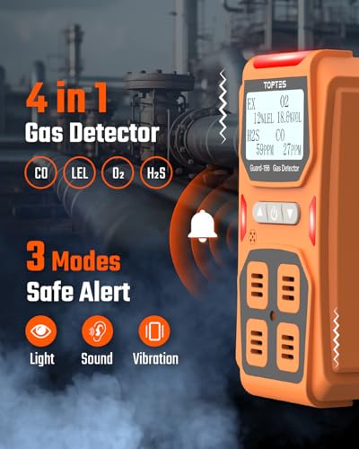 TopTes Guard-156 4 Gas Monitor Multi Gas Detector for H2S, CO, LEL, and O2, Triple Alarm Modes (Visual, Vibration, Sound), 0.5s Fast Response, Dust and Explosion Proof Design for Work and Home Safety - color: Orange