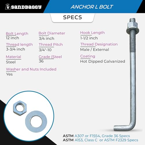 Sandbaggy 3/4" x 12" Threaded Concrete Anchor L-Bolts (Nuts & Washers Included) - Hot Dipped Galvanized - Sill Plate, Base Plate, Masonry, Wood, Cement Anchors, J Bolt (1, 3/4" x 12") - size: 3/4" x 12"