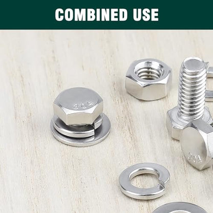 (5 Sets) 1/2-13 x 2 Hex Bolt and Nut Kit, 304 Stainless Steel (18-8), Fully Threaded, Flat & Lock Washers Included - size: 1/2-13 x 2"
