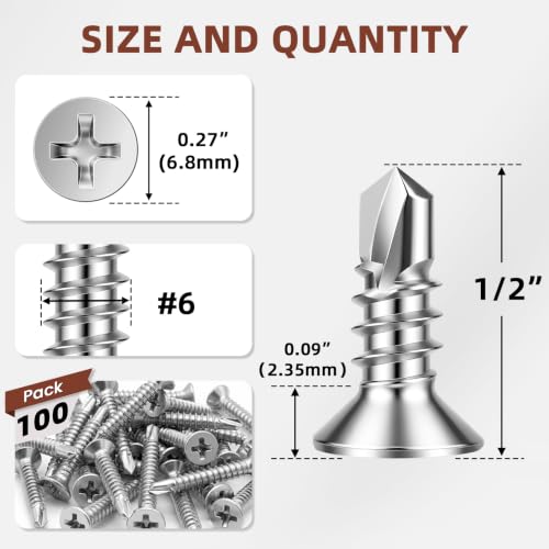 Mellewell #6 x 1/2" Flat Head Sheet Metal Screws, 100 PCS - color: Silver, size: #6 x 1/2"