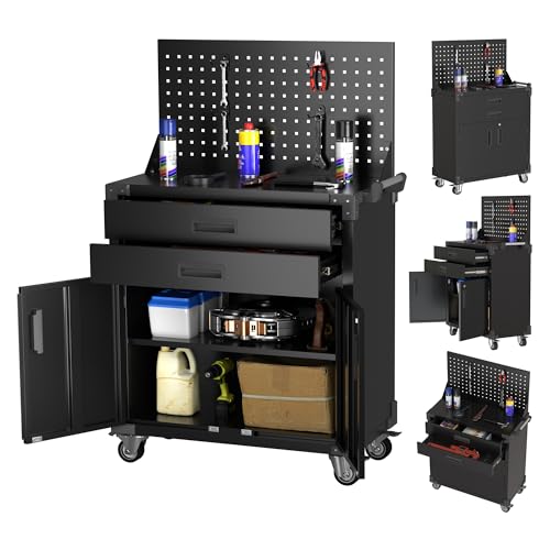 Tool Cart with Wheels and 2 Drawers, Metal Garage Storage Cabinet with Lockable Doors, Pegboard and 4 Hooks for Garage, Workshop, Tool Chest, Heavy Duty Work Bench, Black, Assembly Required - color: Black, size: 13.8"D x 31.5"W x 49.6"H