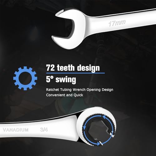 LOSCHEN Metric and SAE 20PCS Ratcheting Combination Wrench Set, Spanner Set with Open End, CR-V Steel Ratcheting Tubing Wrench Set with 72-Tooth Gear