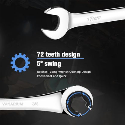 LOSCHEN Metric and SAE 20PCS Ratcheting Combination Wrench Set, Spanner Set with Open End, CR-V Steel Ratcheting Tubing Wrench Set with 72-Tooth Gear