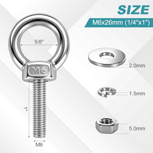 2 Pack M6 Heavy Duty Eye Bolts, 304 Stainless Steel Eye Bolts with Nuts 1/4" x 1", Eye Bolts Heavy Duty for Wood Mounting Indoor Outdoor Hanging - size: M6x26mm(1/4"x1")