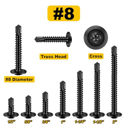 Mywish 300Pcs #8×1/2" Black Self Tapping Screws for Metal, 410 Black Metal Screw Oxide Stainless Steel Truss Head Self Drilling Screws High-Strength - color: Black, size: #8x1/2" (300 pcs)